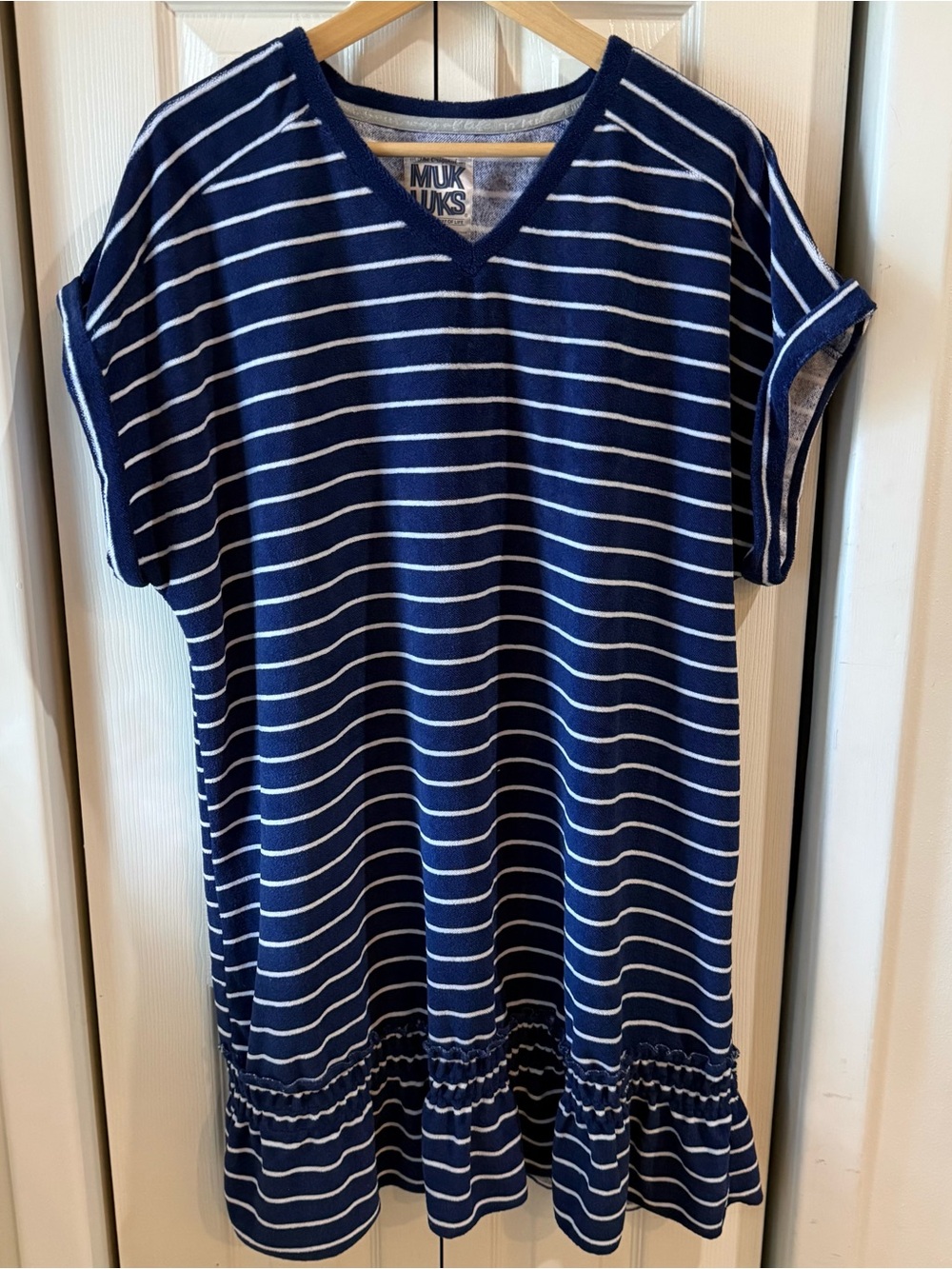 Muk Luks Navy & White Striped V‑Neck Ruffle Hem Mini Lounge Dress